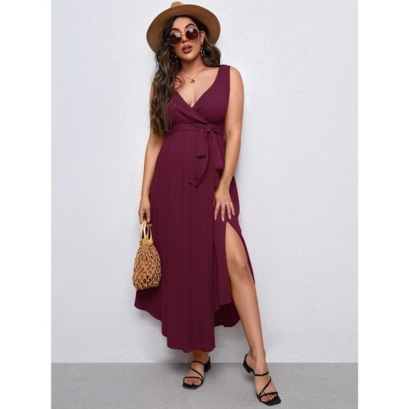 Maternity Solid Split Thigh Belted Dress - Picture 11 of 11